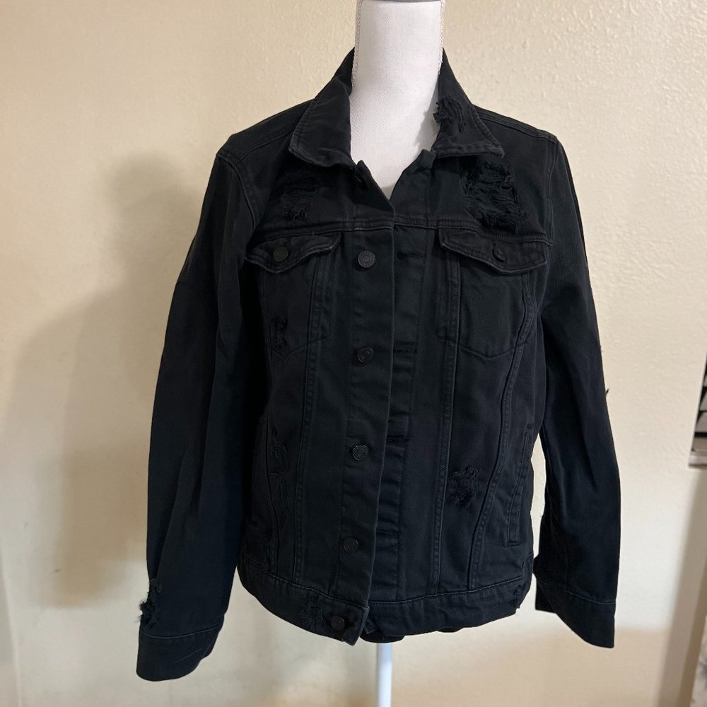 Unisex Black Refuge Distressed Jean Jacket Size Large - Picture 1 of 13